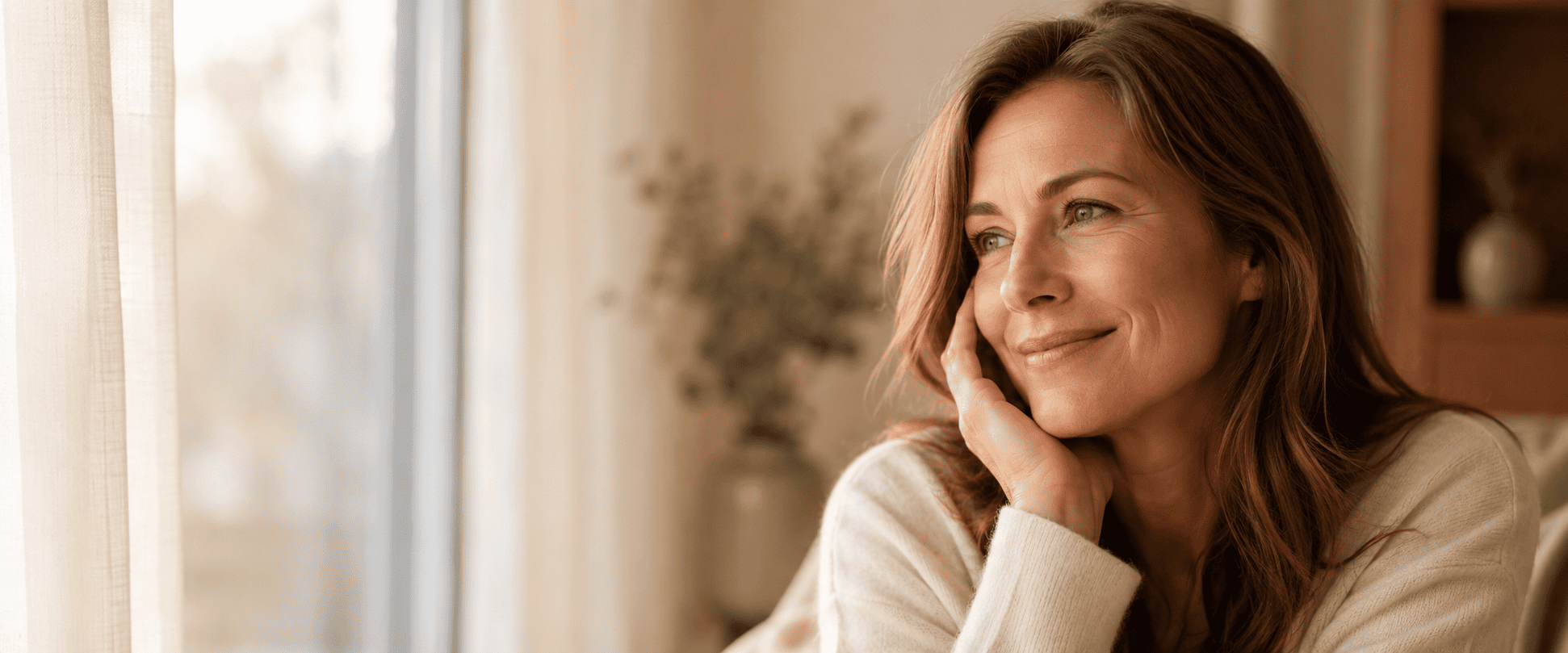 Woman in her mid-40s in soft natural daylight, calm and content