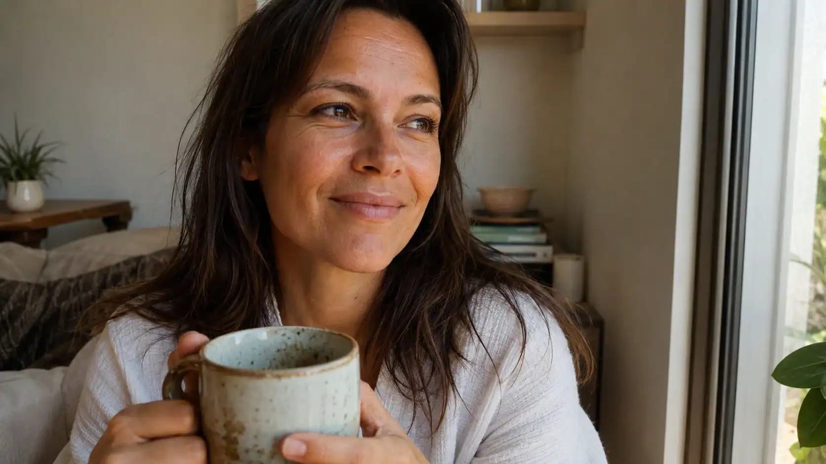 Woman in her late 40s in a calm daily-routine moment, natural light, content